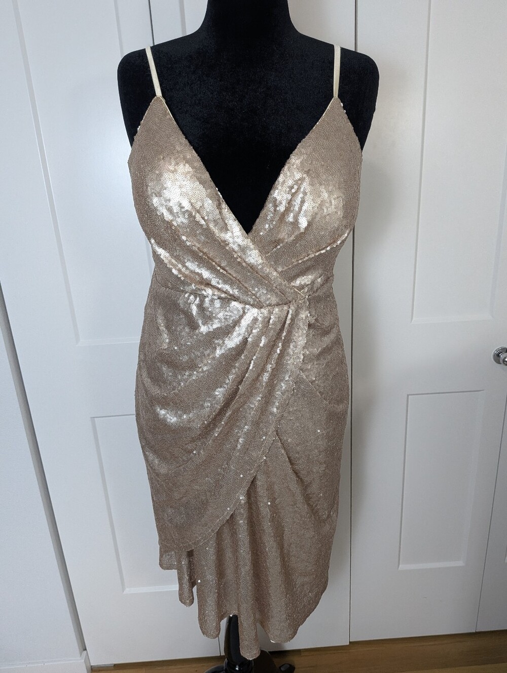 MACloth Women Midi Dresses Sequin VNeck Wedding Party Formal Gown Champagne Sz L